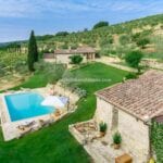 View of farmhouse, pool, land and annexe, Radda in Chianti Tuscany Italy