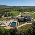 Aerial view of equestrian estate villa, buildings and land with vineyards and olive trees Orvieto Umbria Italy