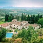 Aerial view of Tuscan Organic farm and agriturismo for sale