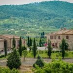 View of farm estate and agriturismo Montalcino Tuscany Italy