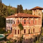 View of Liberty style villa, pool and gardens Loro Ciuffenna Arezzo Tuscany Italy
