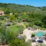 View of countryside villa and bio pool Certaldo Florence Tuscany Italy
