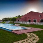 View of pool and agriturismo building Caltagirone Catania Sicily Italy