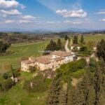 Aerial view of organic wine estate and buildings, Montespertoli Tuscany Italy