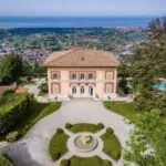 External view of Italian luxury villa, garden and sea view