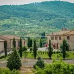 View of farm estate and agriturismo Montalcino Tuscany Italy