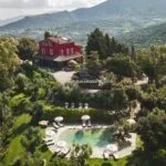 View show Tuscan sea view villa and gardens with swimming pool, Scarlino Grosseto Tuscany Italy