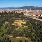 Aerial view showing villa home, gardens and pool, Florence Tuscany Italy