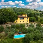 View of villa home and pool overlooking Florence city centre Tuscany Italy
