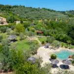 View of countryside villa and bio pool Certaldo Florence Tuscany Italy