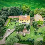 Aerial view of Tuscan farm buildings