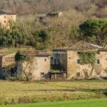View of farmhouse and outbuildings Monterchi Tuscany Italy