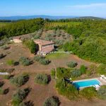 Aerial view of Tuscan farhouse villa, guesthouse, pool and gardens Castellina in Chianti Siena Tuscany Italy